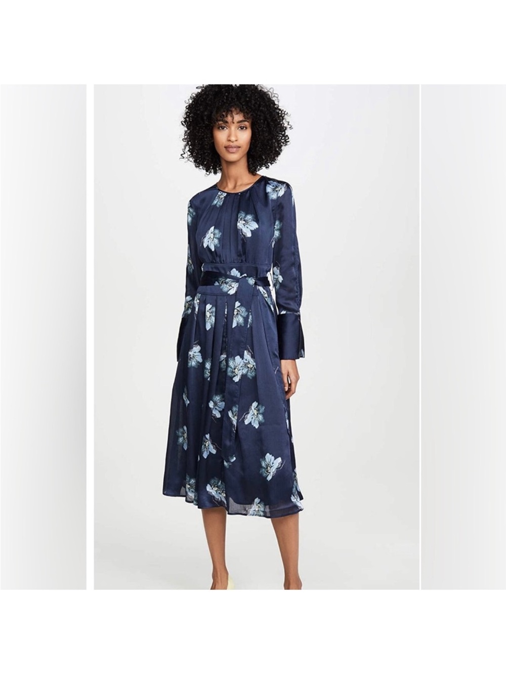 Club Monaco Navy Floral Satin Midi Dress with Belt